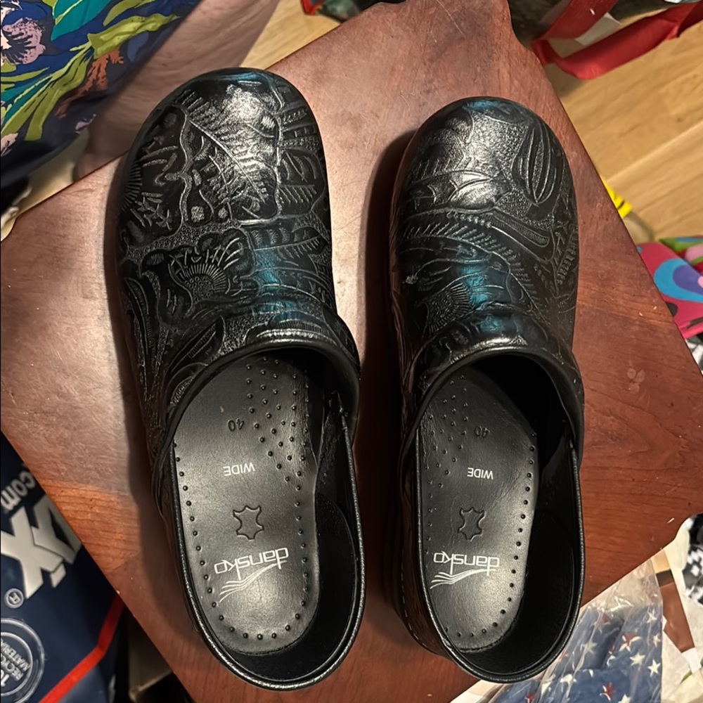 Dansko Black Embossed Leather Clogs